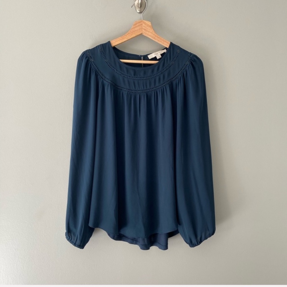 Loft Mixed Media Boho Blouse Size Large Dark Teal